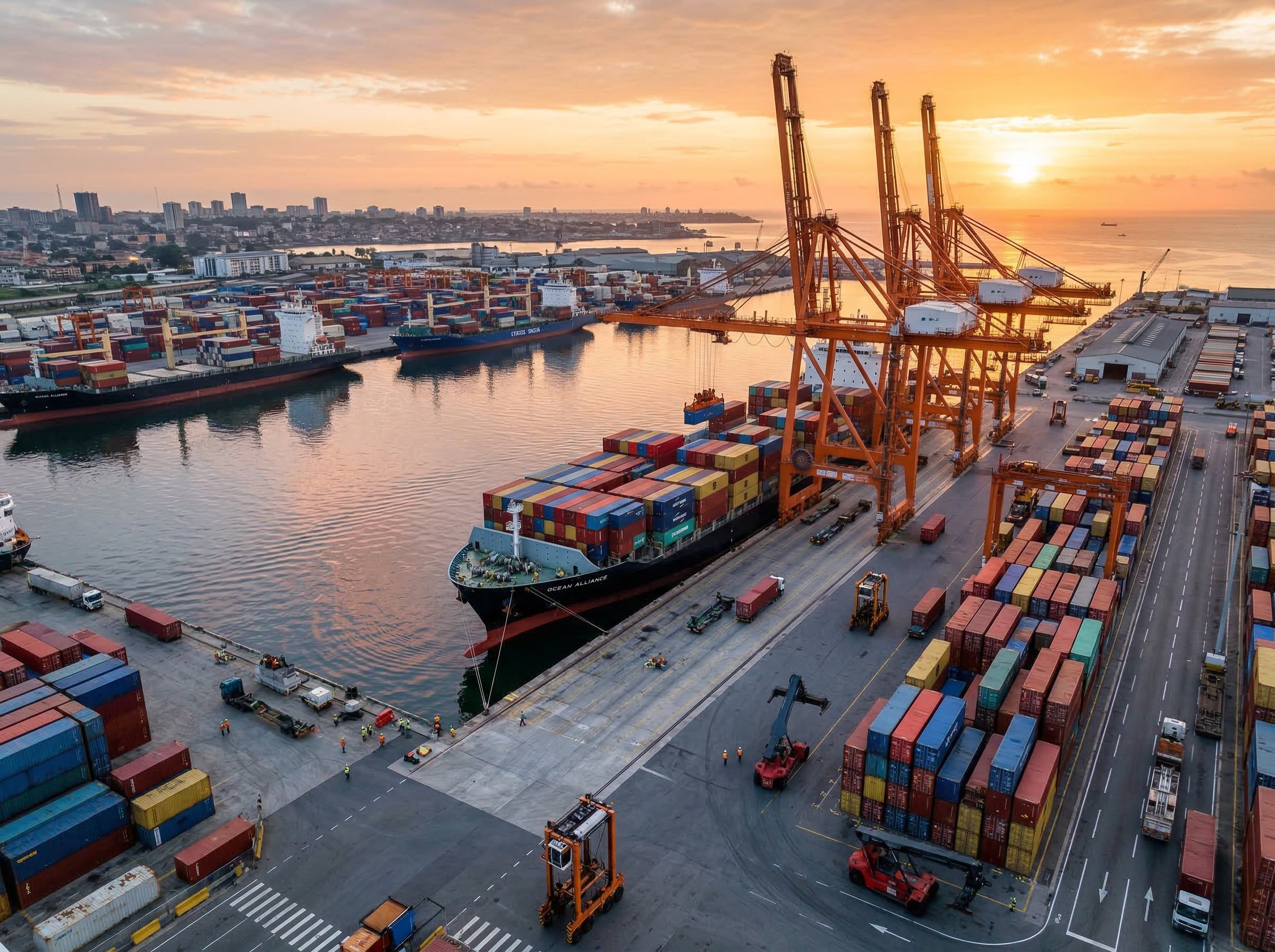 Port à conteneurs africain au lever du soleil